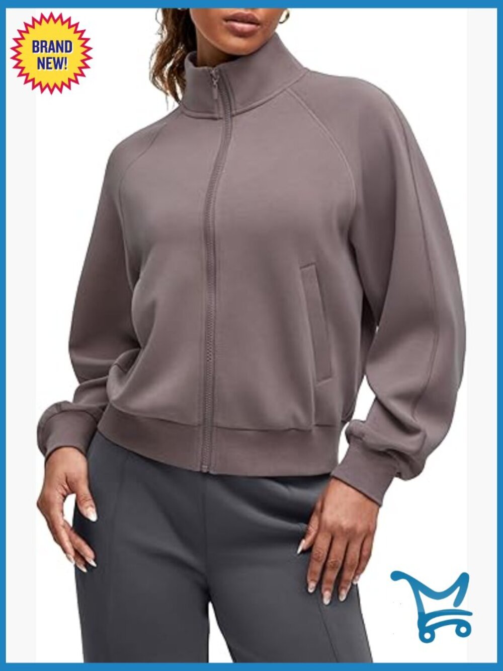 Zip Up Mock Neck Track Jacket with Pockets